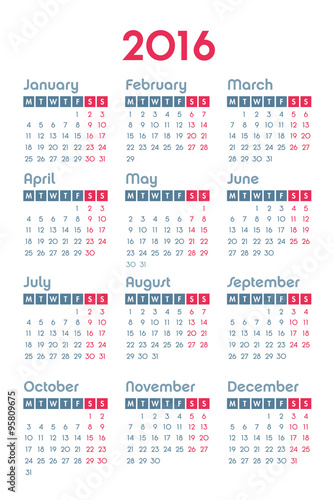 Calendar for 2016 on white background, week starts Monday, vector