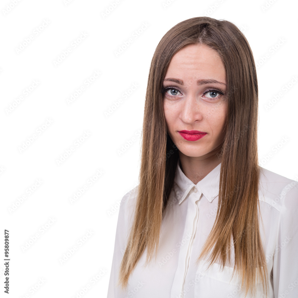 Closeup portrait of sad and depressed woman isolated on white Closeup portrait of sad and depressed woman isolated on white