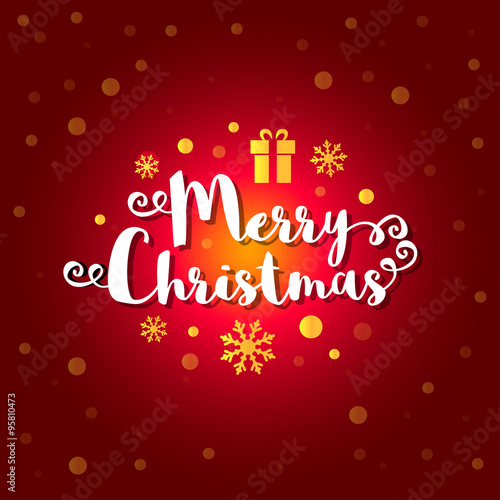 Merry Christmas text with golden snowflakes  present on deep red background. Vector illustration 