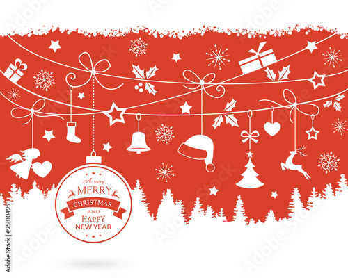 Christmas ornaments and decorations on a monochrome red backdrop