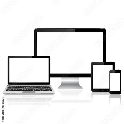 Computer monitor, laptop, tablet pc and mobile phone with blank screen. Isolated on white background.
