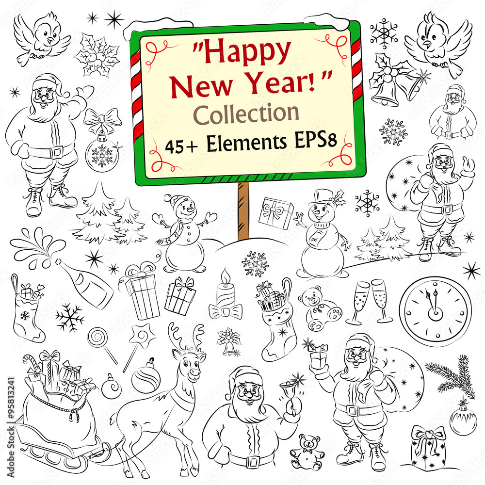 Merry Christmas and Happy New Year vector sketch collection