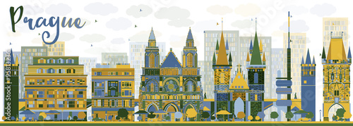 Abstract Prague skyline with color landmarks. Some elements of illustration have transparency mode different from normal