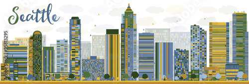 Abstract Seattle City Skyline with color Buildings. Some elements of illustration have transparency mode different from normal