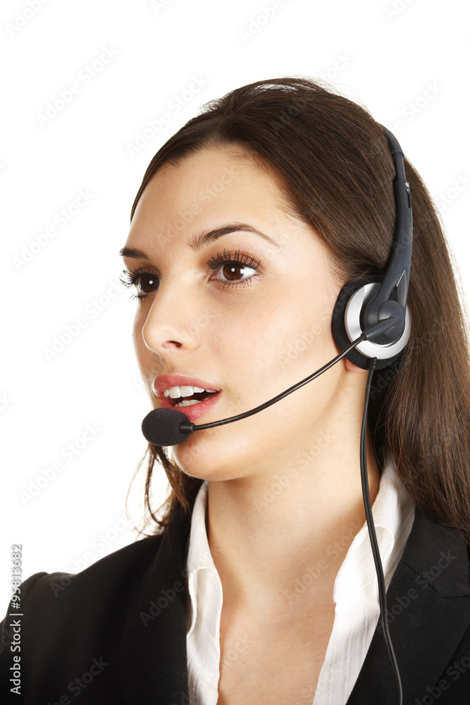 A customer service representative looks ahead while speaking. A customer service representative looks ahead while speaking.