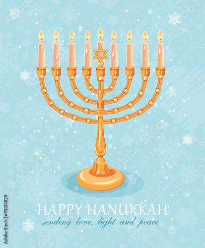 Happy Hanukkah greeting card design, jewish holiday. 