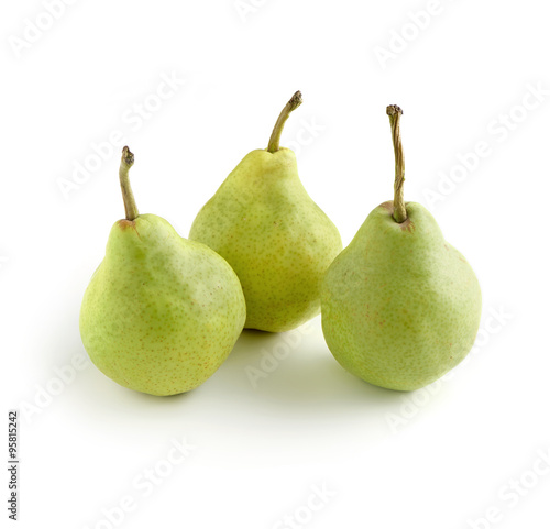 Three Green Pears on White Background