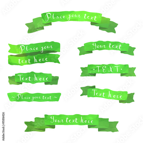 Watercolor vintage hand drawn vector ribbons set with hand written text in green colors