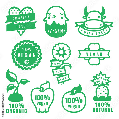 Green vegan, cruelty free, natural and organic products stickers and icons in vector