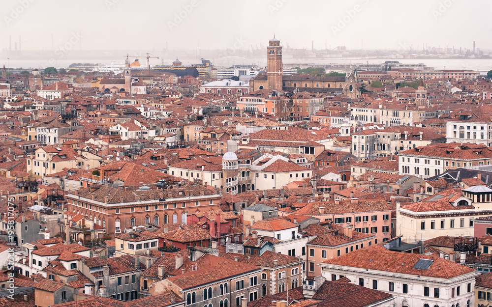Panoramic view to Venice from top of St Mark's Campanile bell tower, in Italy. 