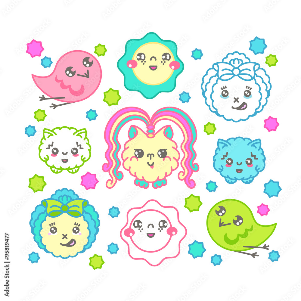Cute kawaii characters set