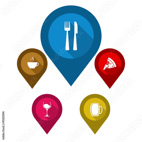 set vector map pointers/ blue pin restaurant / brown pin cafe /