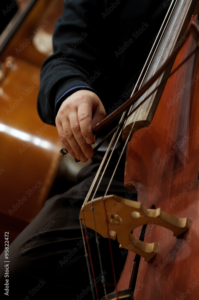 Hand of a man playing the contrabass Hand of a man playing the contrabass
