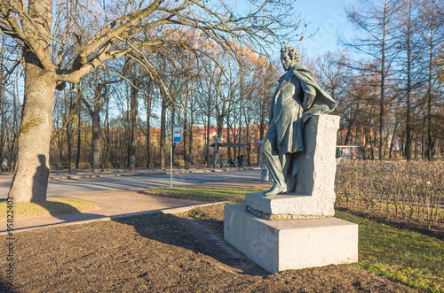 :The Monument To Alexander Pushkin in Tsarskoye Selo. Alexander Sergeyevich Pushkin (1799-1837) was a great Russian poet, playwright and novelist.  