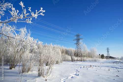 Power lines covered with snow .
