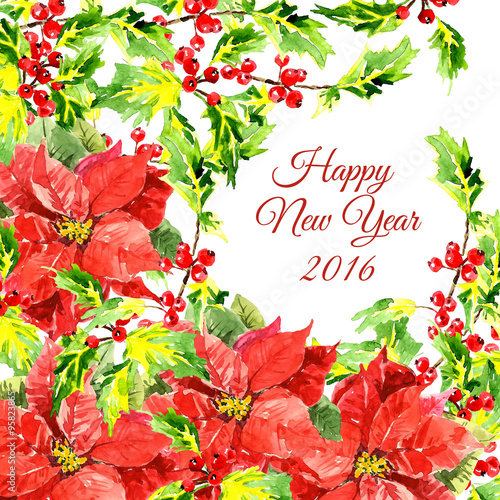 Christmas background with cool red flowers and holly leaves