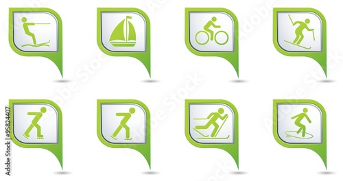 Winter sport icons set on green map pointers. 