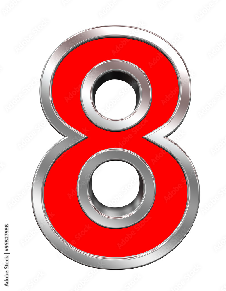 One digit from red with chrome frame alphabet set, isolated on white. Computer generated 3D photo rendering. One digit from red with chrome frame alphabet set, isolated on white. Computer generated 3D photo rendering.