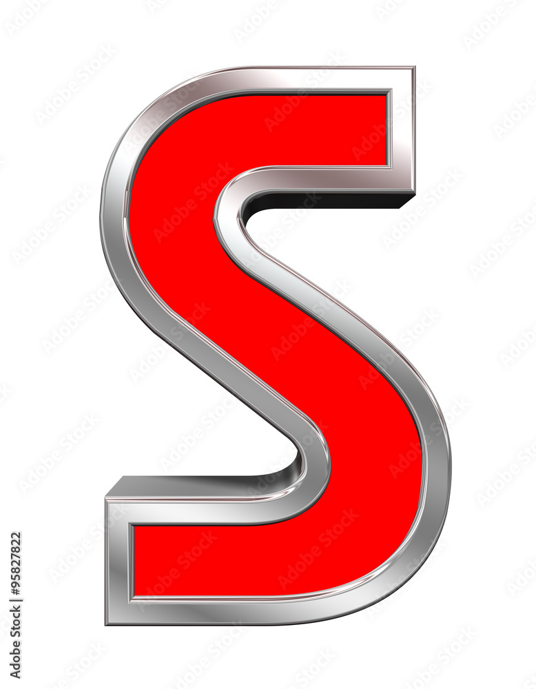 One letter from red with chrome frame alphabet set, isolated on white. Computer generated 3D photo rendering. One letter from red with chrome frame alphabet set, isolated on white. Computer generated 3D photo rendering.