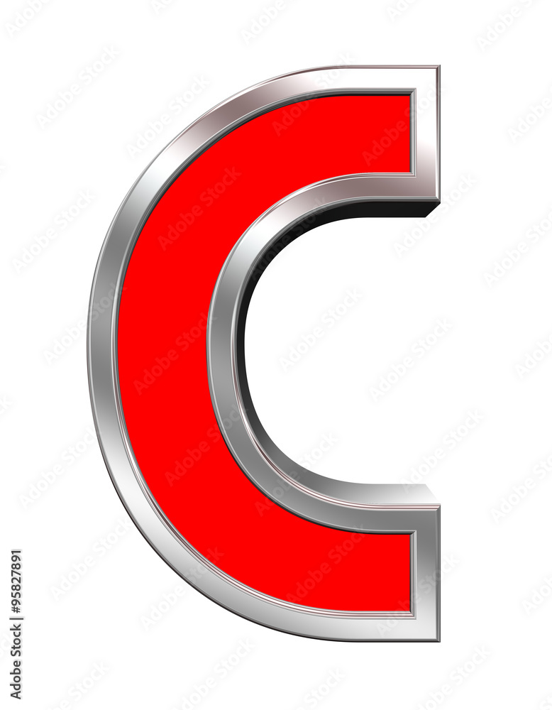 One letter from red with chrome frame alphabet set, isolated on white. Computer generated 3D photo rendering. One letter from red with chrome frame alphabet set, isolated on white. Computer generated 3D photo rendering.