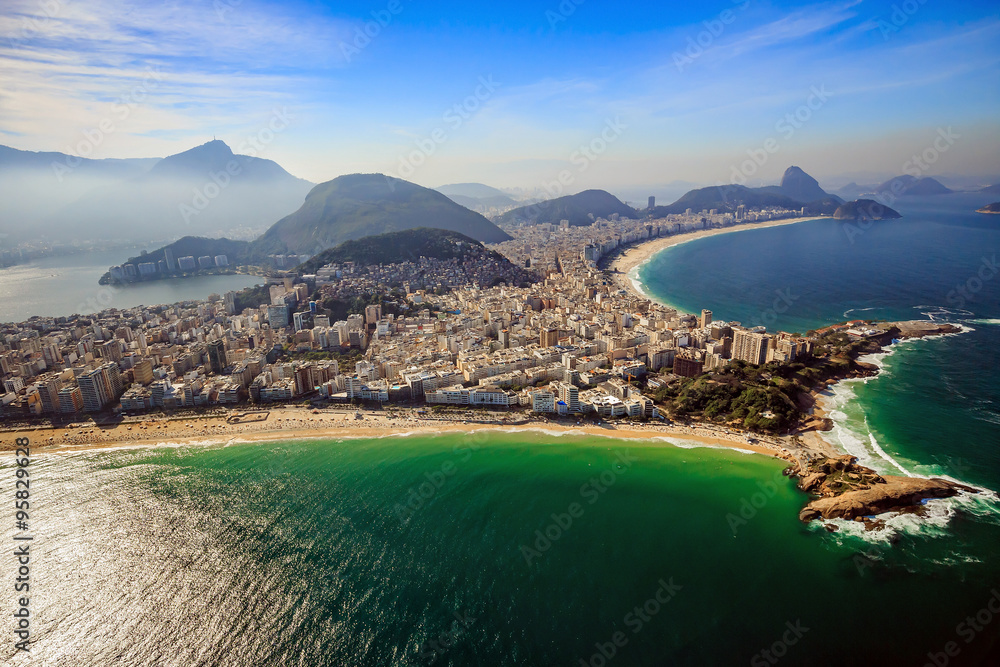 Naklejka premium Aerial view of famous Copacabana Beach and Ipanema beach in Rio