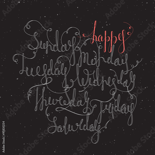 Handwritten days of the week: Monday, Tuesday, Wednesday, Thursday, Friday, Saturday, Sunday. Handdrawn calligraphy lettering for diary, banner, calendar, planner, poster. Isolated vector illustration