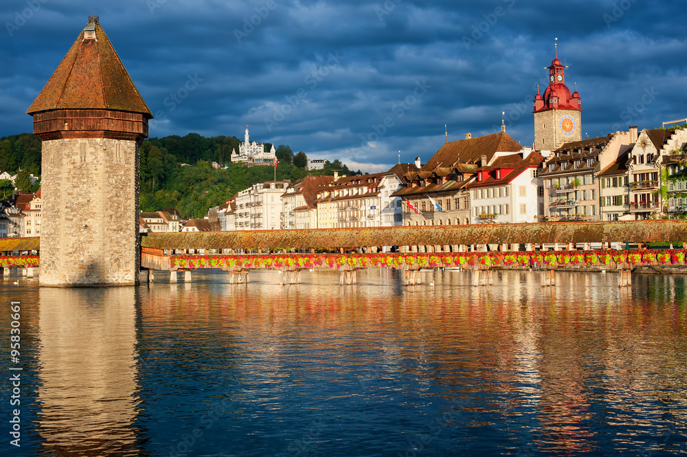 Lucerne, Switzerland, view over the old town with Chapel Bridge, Water tower and Gutsch palace