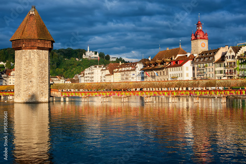 Lucerne, Switzerland, view over the old town with Chapel Bridge, Water tower and Gutsch palace