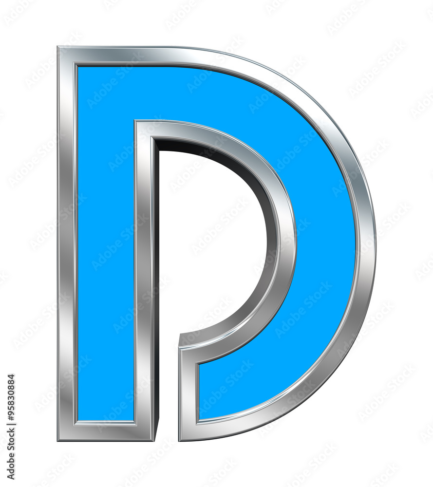 One letter from light blue with chrome frame alphabet set, isolated on white. Computer generated 3D photo rendering. One letter from light blue with chrome frame alphabet set, isolated on white. Computer generated 3D photo rendering.