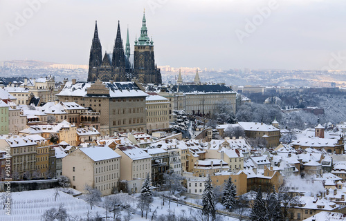 Snow in Christmas Prague City with the gothic Castle, Czech Republic