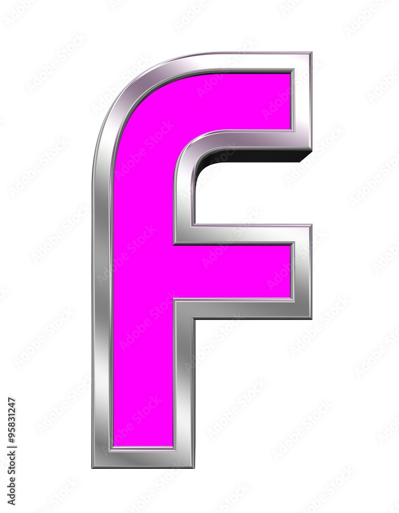 One letter from pink with chrome frame alphabet set, isolated on white. Computer generated 3D photo rendering. One letter from pink with chrome frame alphabet set, isolated on white. Computer generated 3D photo rendering.