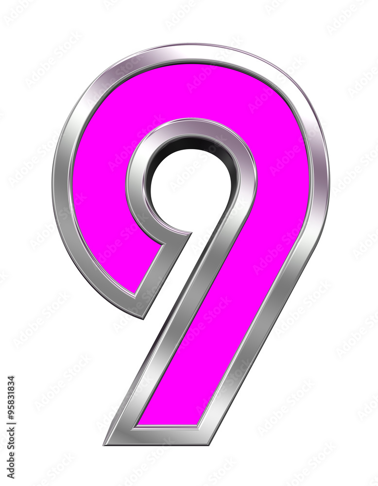 One digit from pink with chrome frame alphabet set, isolated on white. Computer generated 3D photo rendering. One digit from pink with chrome frame alphabet set, isolated on white. Computer generated 3D photo rendering.