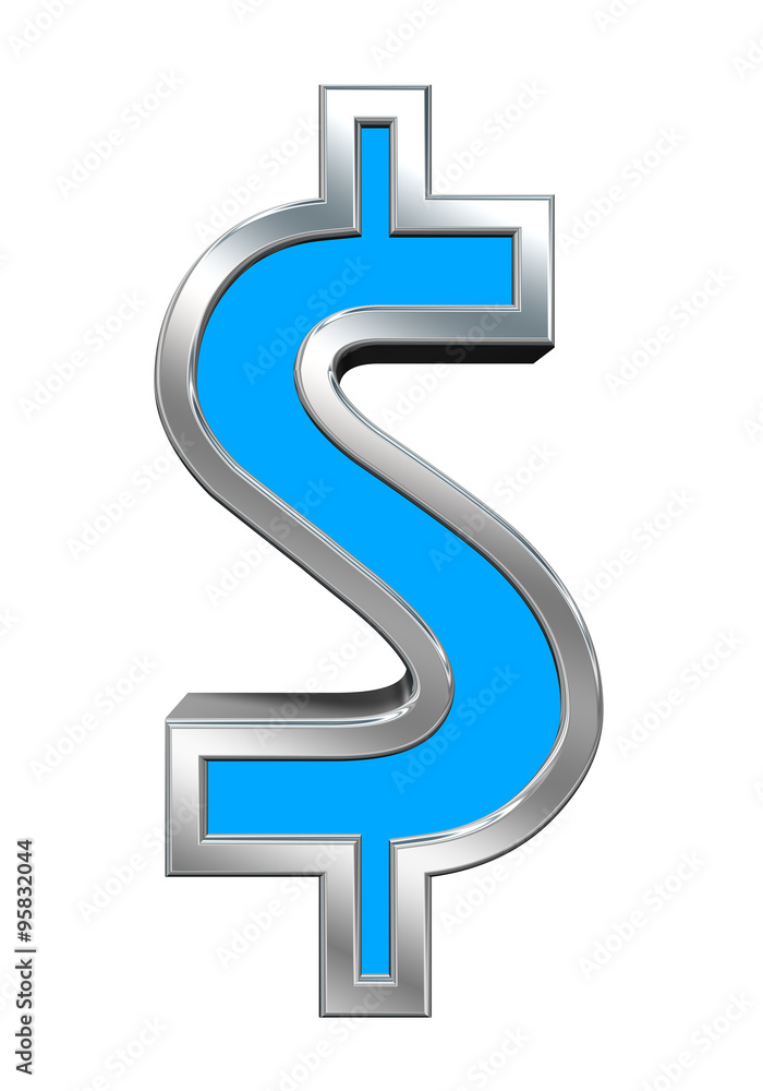 Dollar sign from light blue with chrome frame alphabet set, isolated on white. Computer generated 3D photo rendering. Dollar sign from light blue with chrome frame alphabet set, isolated on white. Computer generated 3D photo rendering.