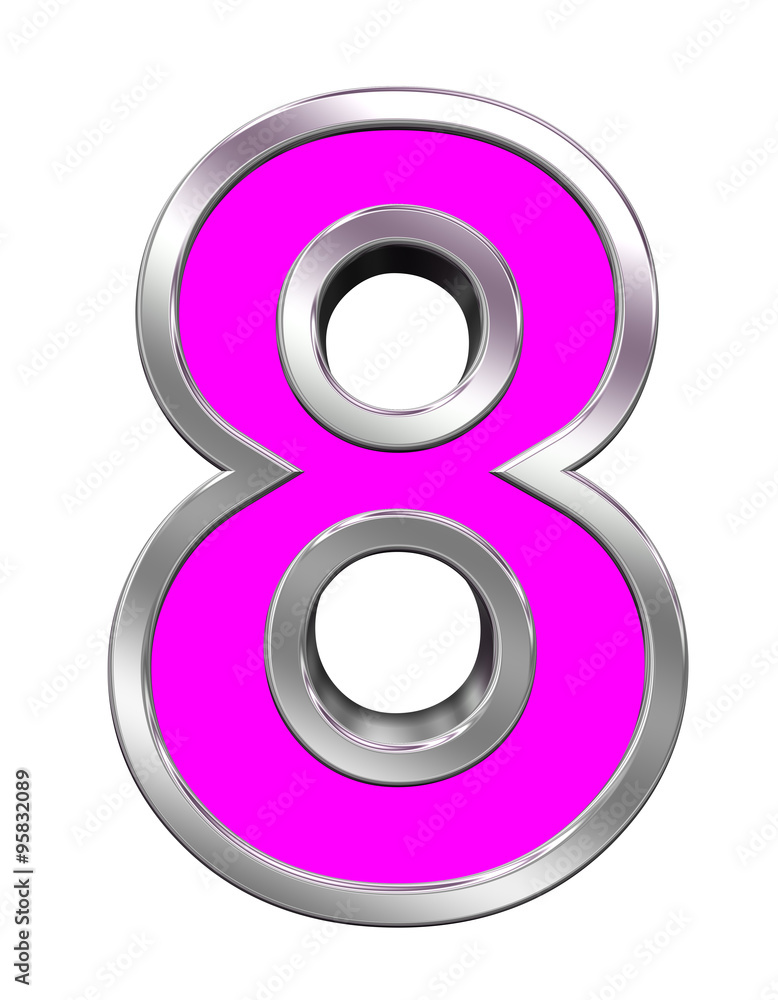 One digit from pink with chrome frame alphabet set, isolated on white. Computer generated 3D photo rendering. One digit from pink with chrome frame alphabet set, isolated on white. Computer generated 3D photo rendering.