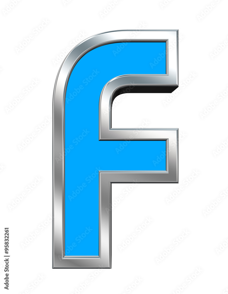 One letter from light blue with chrome frame alphabet set, isolated on white. Computer generated 3D photo rendering. One letter from light blue with chrome frame alphabet set, isolated on white. Computer generated 3D photo rendering.