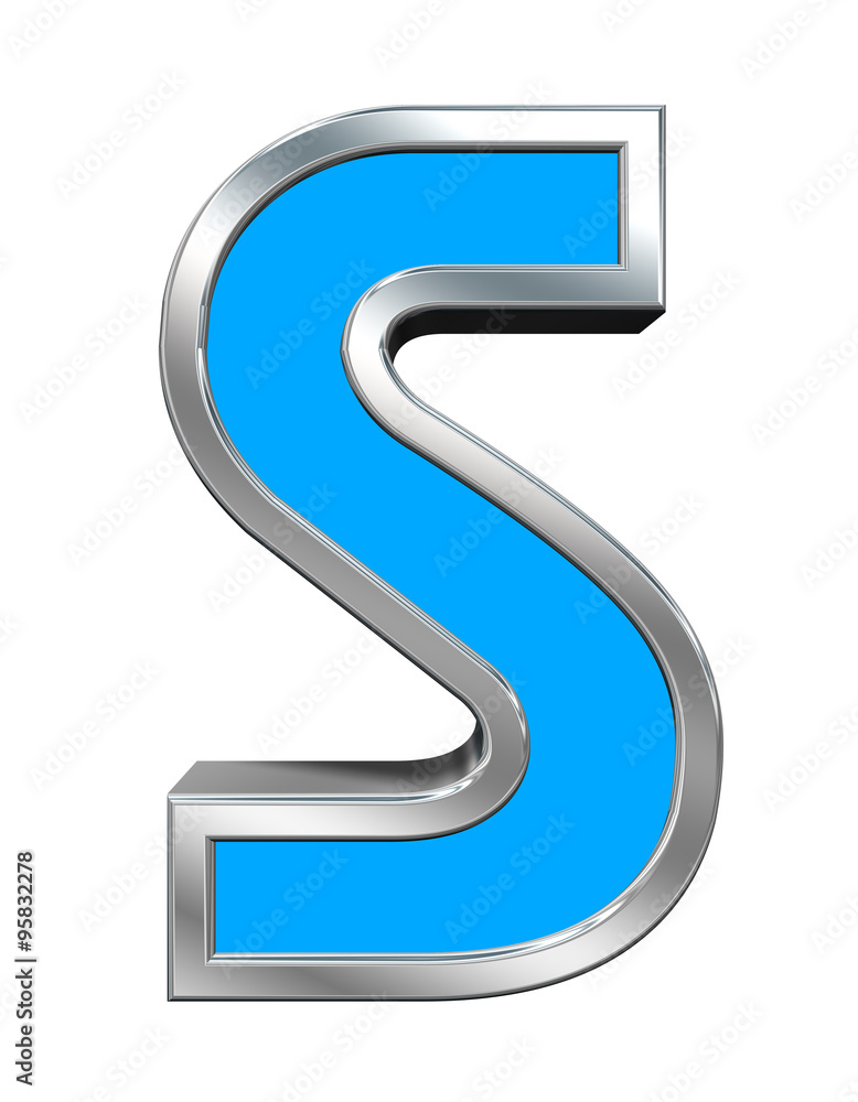 One letter from light blue with chrome frame alphabet set, isolated on white. Computer generated 3D photo rendering. One letter from light blue with chrome frame alphabet set, isolated on white. Computer generated 3D photo rendering.