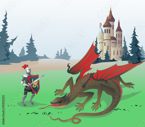 Knight fighting Dragon. The vector illustration of the Medieval Knight fighting Dragon to save the Princess locked in the Castle. Illustration based on Traditional Fairy Tales. No Transparency!