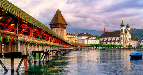 Panoramic view of the Chapel Bridge in Lucerne, Switzerland