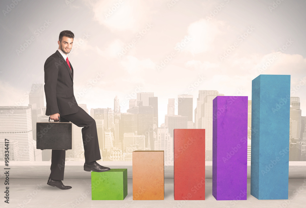 Business person climbing up on colourful chart pillars concept Business person climbing up on colourful chart pillars concept