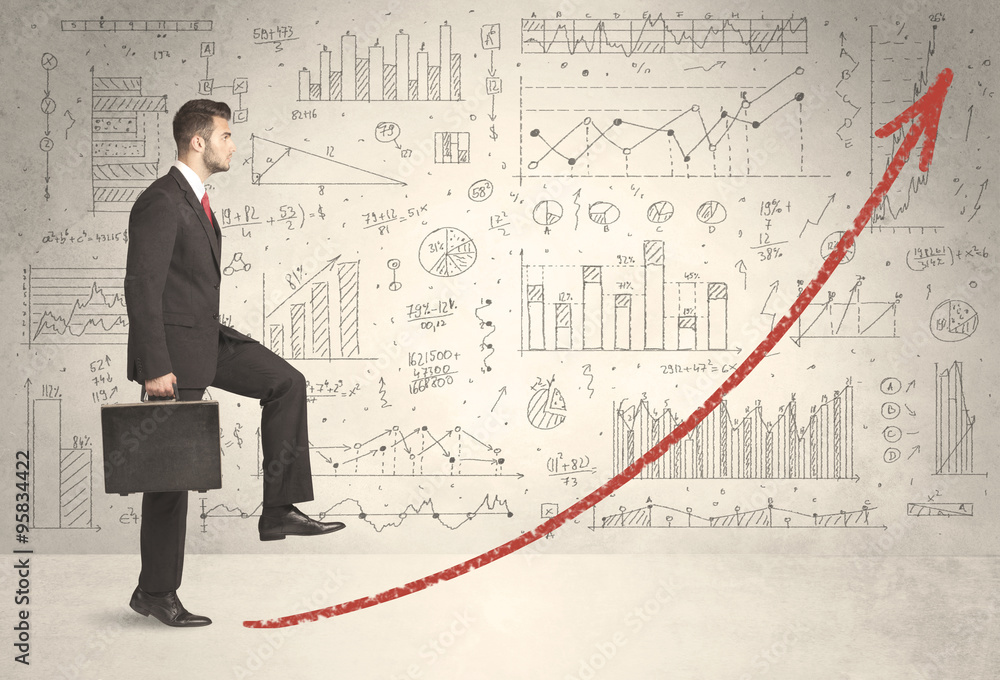 Business man climbing on red graph arrow concept Business man climbing on red graph arrow concept