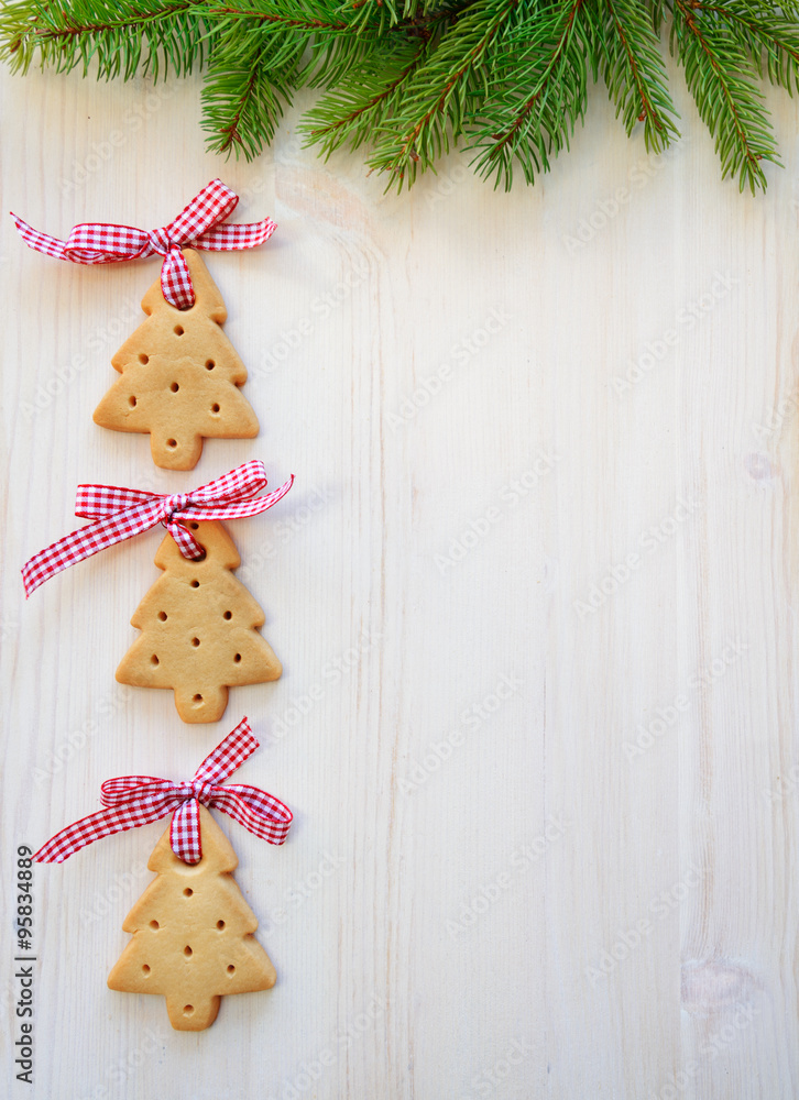 Christmas tree cookies on wooden background Christmas tree cookies on wooden background
