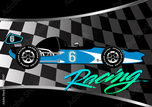 Race car poster on checkered flag with script