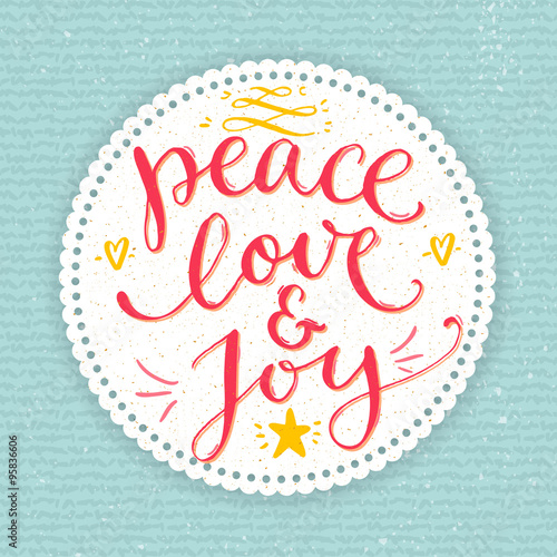 Peace, love and joy text. Christmas card with custom handwritten type, vector point pen calligraphy. Red phrase in round frame on blue knit texture background