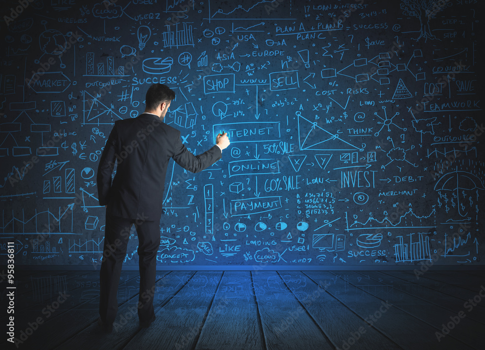 Drawing businessman with economy project background Drawing businessman with economy project background