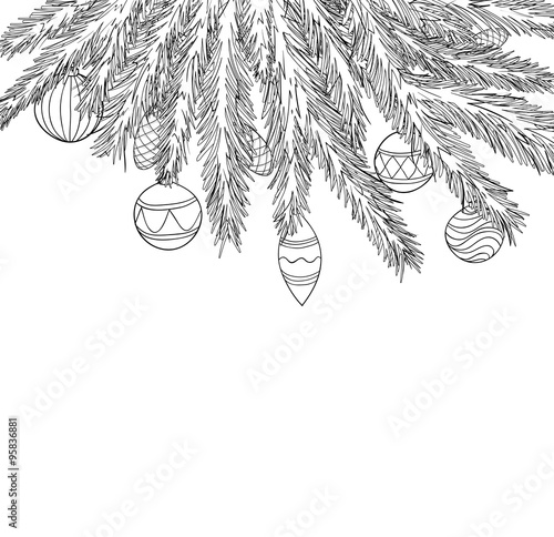 Beautiful black and white Christmas Balls Hanging on a Christmas tree branch.