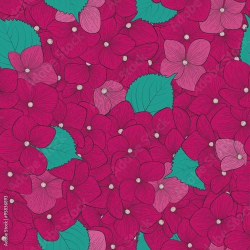 Beautiful seamless background with flower hydrangea . Hand-drawn contour lines and strokes.