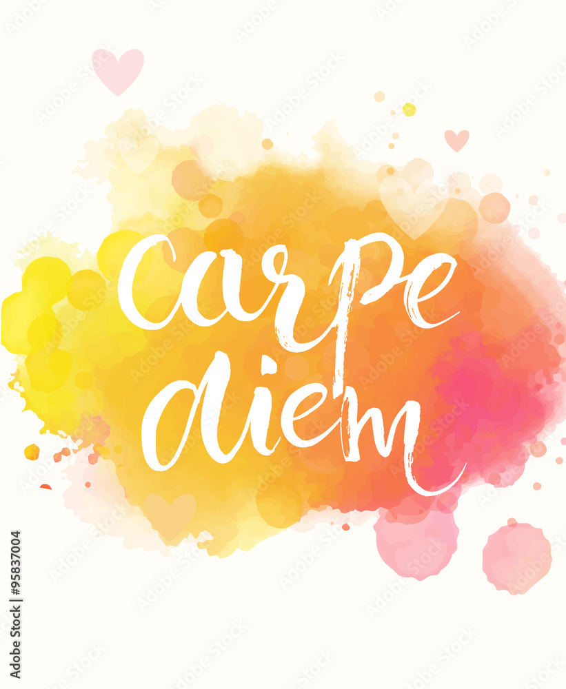 Carpe diem - latin phrase means seize the day, enjoy the moment. Inspirational quote expressive handwritten with brush on colorful watercolor imitation texture background Vector calligraphy art
