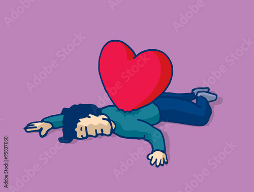 Man lying on the floor with heart stabbed on his back