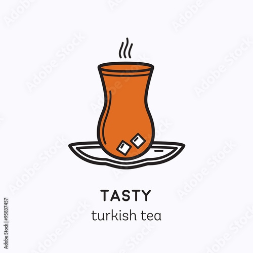 Turkish tea served in armud glass. Vector line logo with national drink