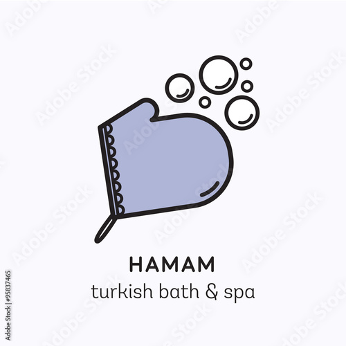 Vector logo line art icon for hamam - turkish bath or spa center. Illustration of kese mitten with foam bubbles photo